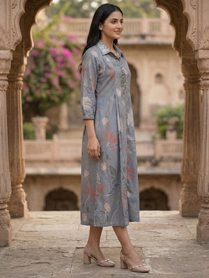 Lightweight Dusty Blue Floral Printed Viscose Dress with Collared Neck for Summer Wear - Image 2