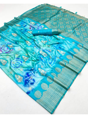 Turquoise Bemberg Saree with Digital Print and Rich Pallu - Image 2