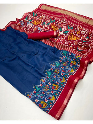 Blue Viscose Saree with Ikkat Printed Border and Graceful Feminine Appeal - Image 2