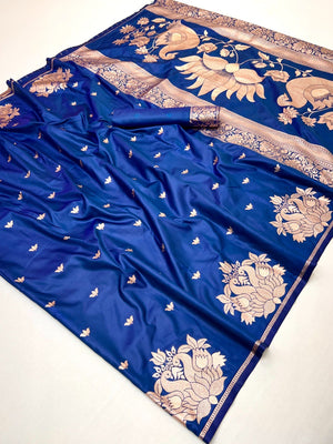 Graceful Blue Lotus Design Art Silk Saree Adorned With Rich Zari Weaving Work  - Image 1