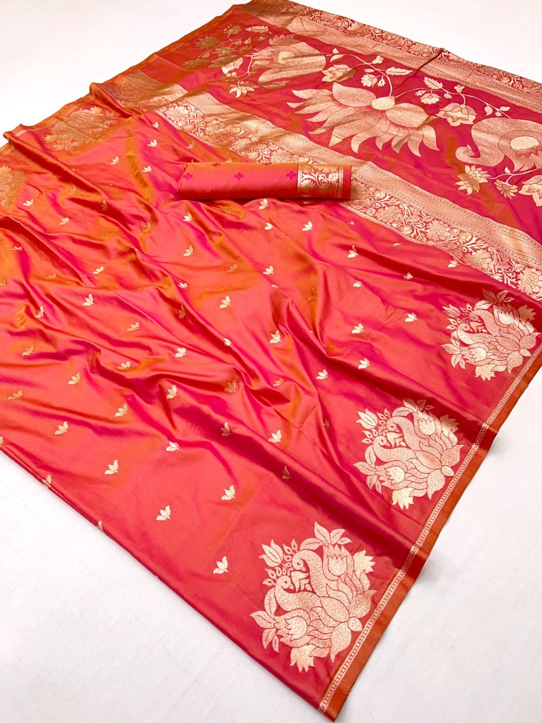 Graceful Coral Pink Lotus Design Art Silk Saree Adorned With Rich Zari Weaving Work  - Image 1