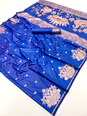 Graceful Royal Blue Lotus Design Art Silk Saree Adorned With Rich Zari Weaving Work - Image 1