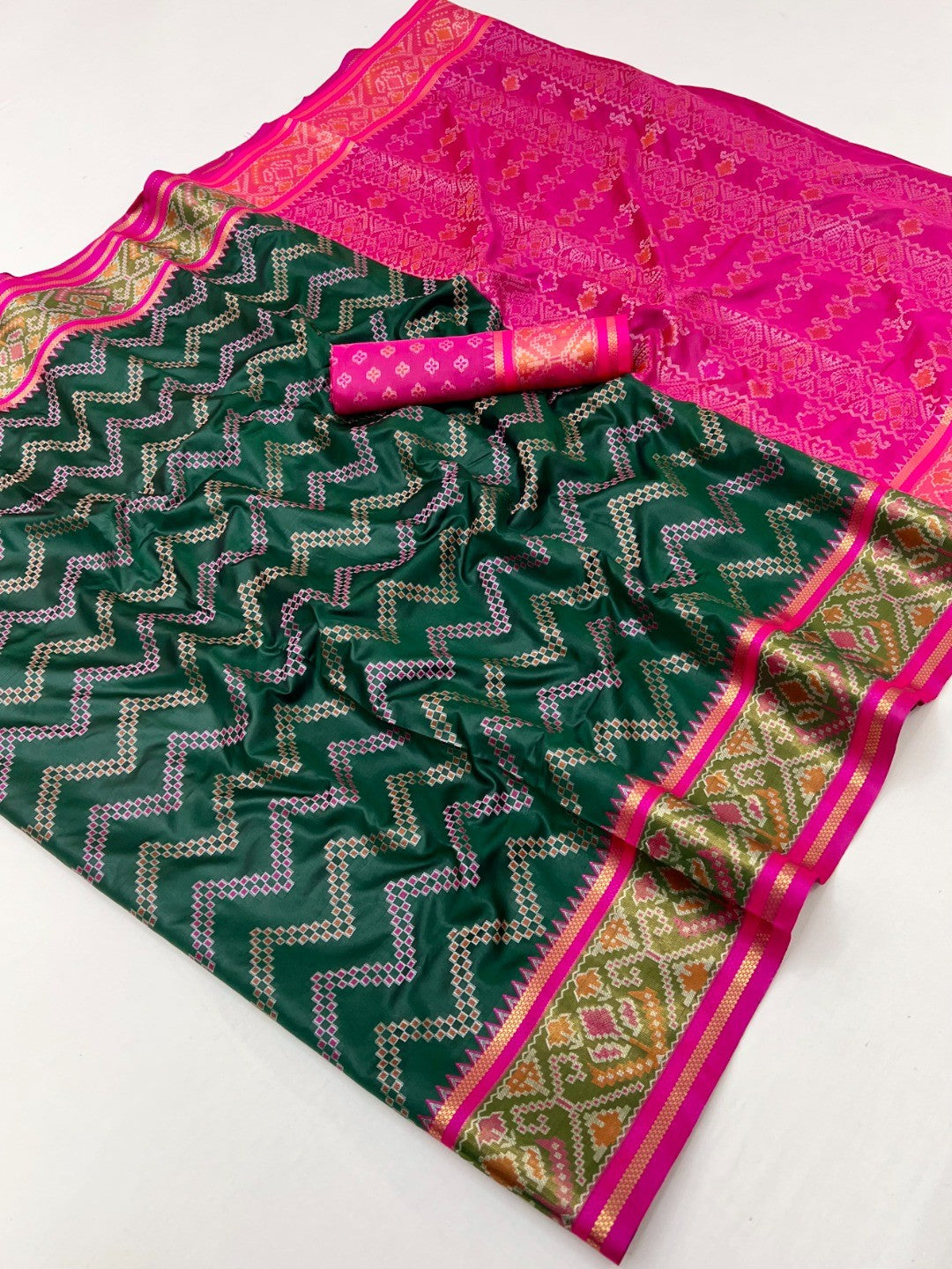 Green Art Silk Saree with Rich Pallu & Designer Jacquard Blouse - Image 2