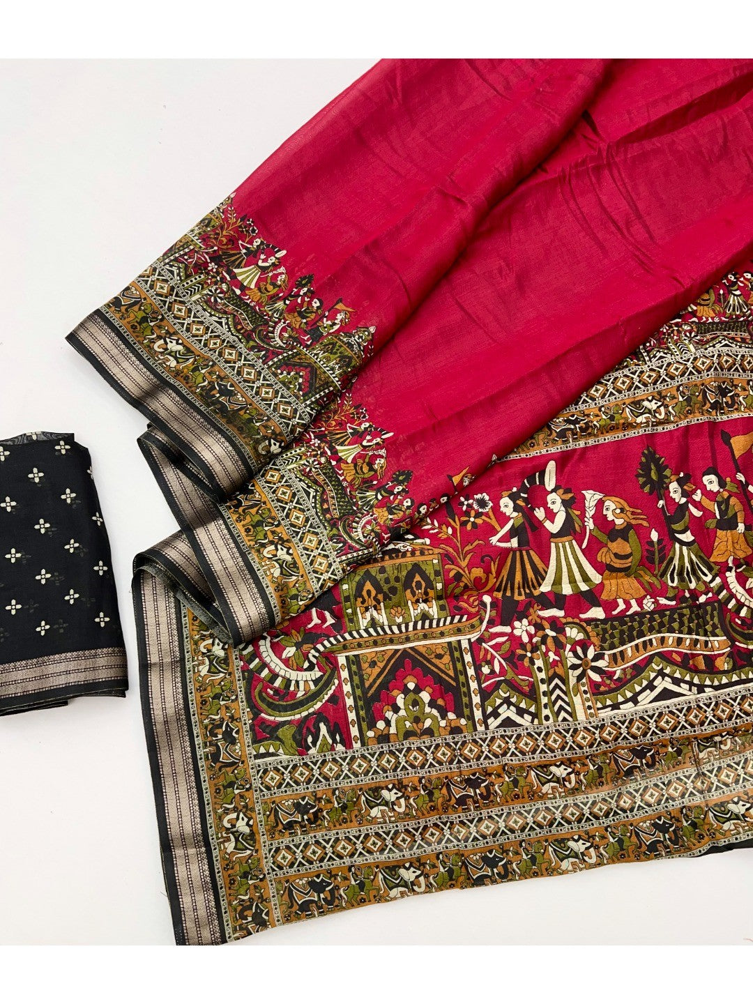 Red Viscose Saree with Kalamkari Print and Jari Border and Fine Finish - Image 3