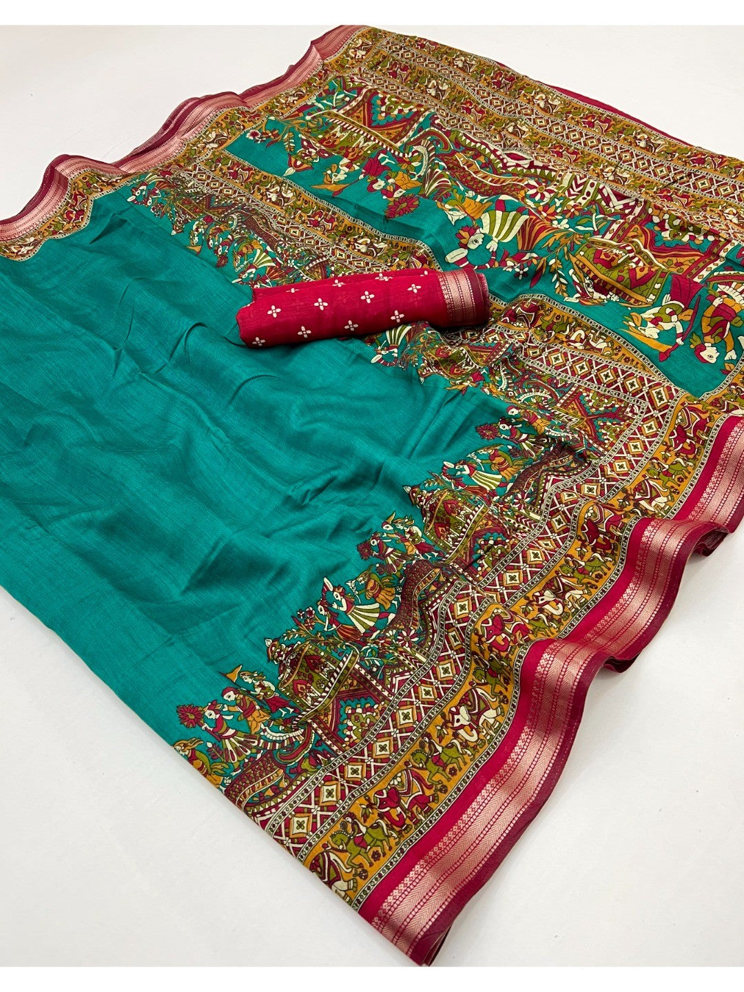 Teal Viscose Saree with Kalamkari Print and Jari Border and Fine Finish - Image 3