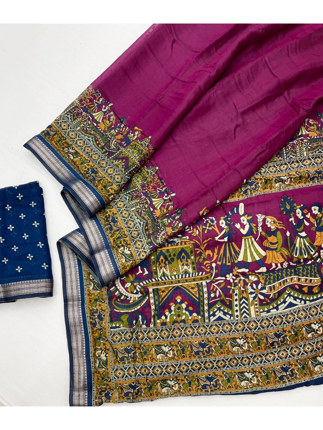 Purple Viscose Saree with Kalamkari Print and Jari Border and Fine Finish - Image 3
