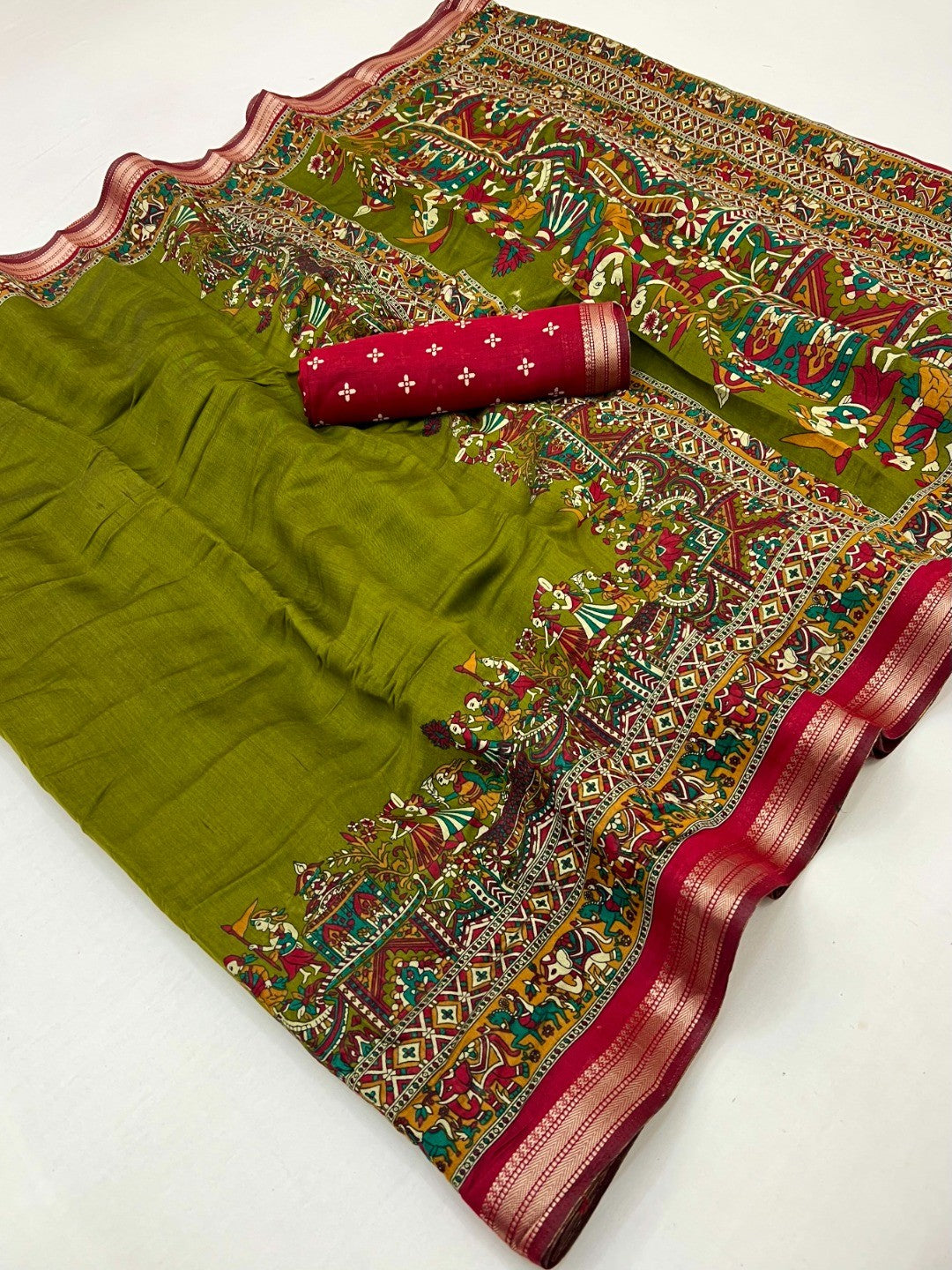 Green Viscose Saree with Kalamkari Print and Jari Border and Fine Finish - Image 2