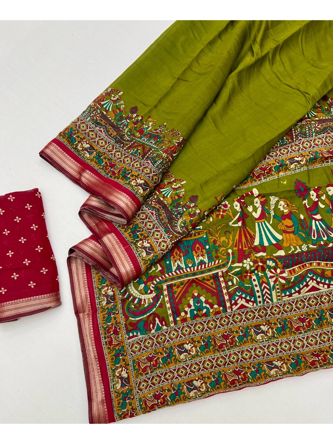 Green Viscose Saree with Kalamkari Print and Jari Border and Fine Finish - Image 3