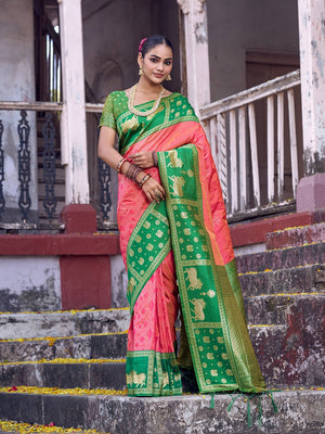Premium Pink Geometric & Animal Motif Weaving Saree With Decorative Tassel Pallu - Image 1