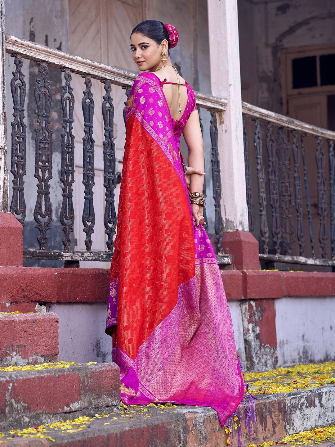 Premium Red Geometric & Animal Motif Weaving Saree With Decorative Tassel Pallu - Image 6