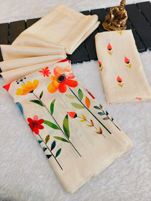 Cream Tussar Silk Saree with Elegant Floral Printed Border for a Timeless Ethnic Look - Image 2