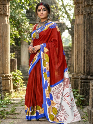 Classic Brick Red Leaf Printed Mulmul Cotton Saree With Buddha Inspired Pallu Design - Image 1