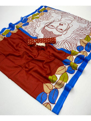 Classic Brick Red Leaf Printed Mulmul Cotton Saree With Buddha Inspired Pallu Design - Image 2