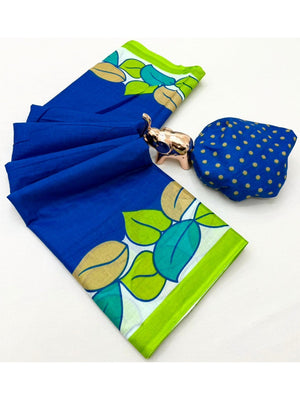 Classic Blue Leaf Printed Mulmul Cotton Saree With Buddha Inspired Pallu Design - Image 2