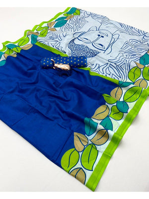 Classic Blue Leaf Printed Mulmul Cotton Saree With Buddha Inspired Pallu Design - Image 2