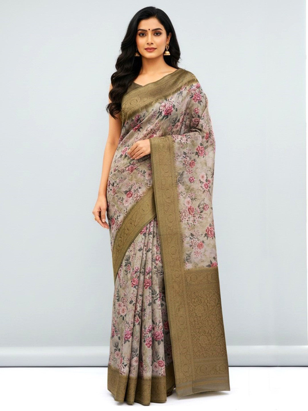 Graceful Beige Floral Digital Printed Burbury Silk Blend Saree With Jacquard Weaving Border & Pallu - Image 1