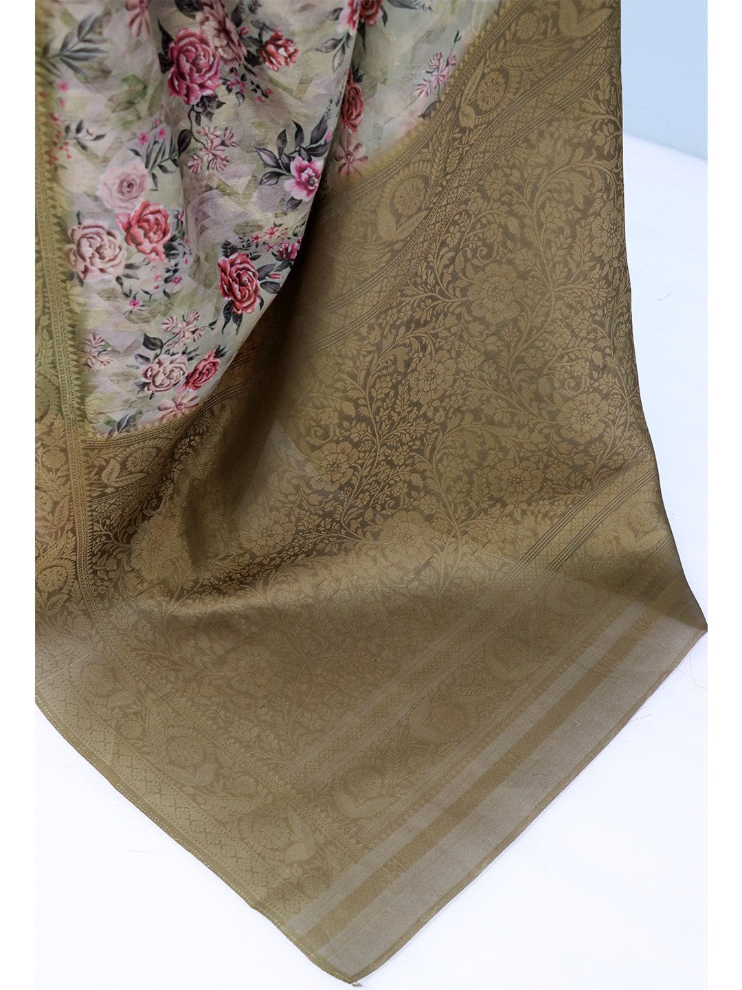 Graceful Beige Floral Digital Printed Burbury Silk Blend Saree With Jacquard Weaving Border & Pallu - Image 2