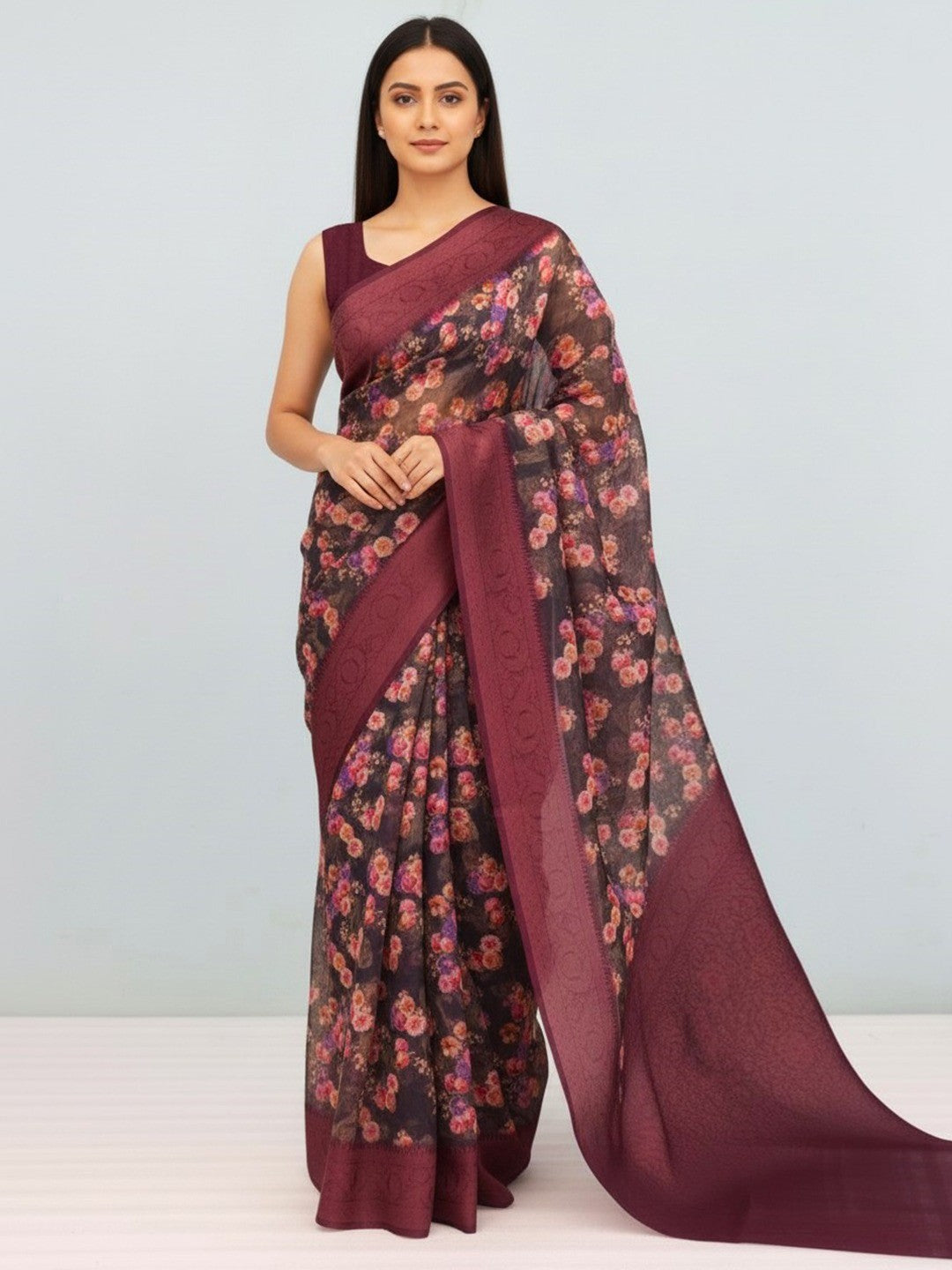 Graceful Black & Wine Floral Digital Printed Burbury Silk Blend Saree With Jacquard Weaving Border - Image 1