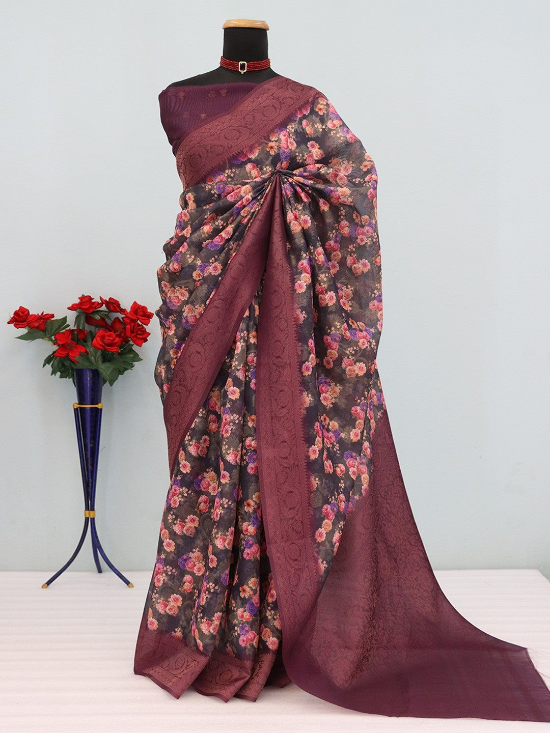 Graceful Black & Wine Floral Digital Printed Burbury Silk Blend Saree With Jacquard Weaving Border - Image 4