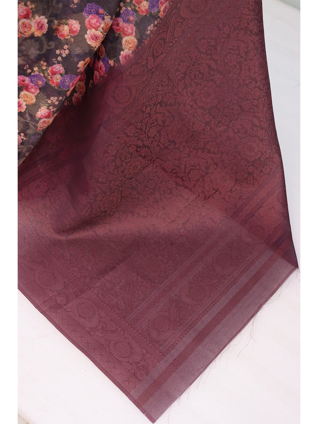 Graceful Black & Wine Floral Digital Printed Burbury Silk Blend Saree With Jacquard Weaving Border - Image 2