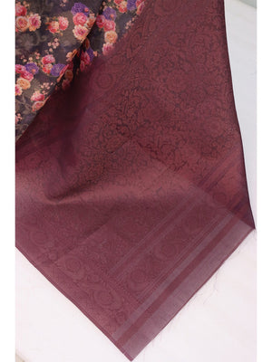 Graceful Black & Wine Floral Digital Printed Burbury Silk Blend Saree With Jacquard Weaving Border - Image 2