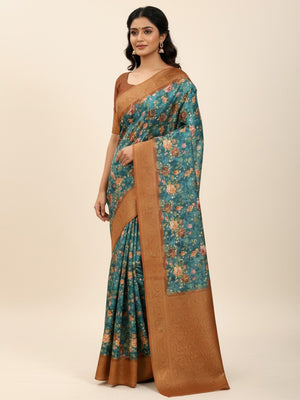 Graceful Teal Floral Digital Printed Burbury Silk Blend Saree With Jacquard Weaving Border - Image 1