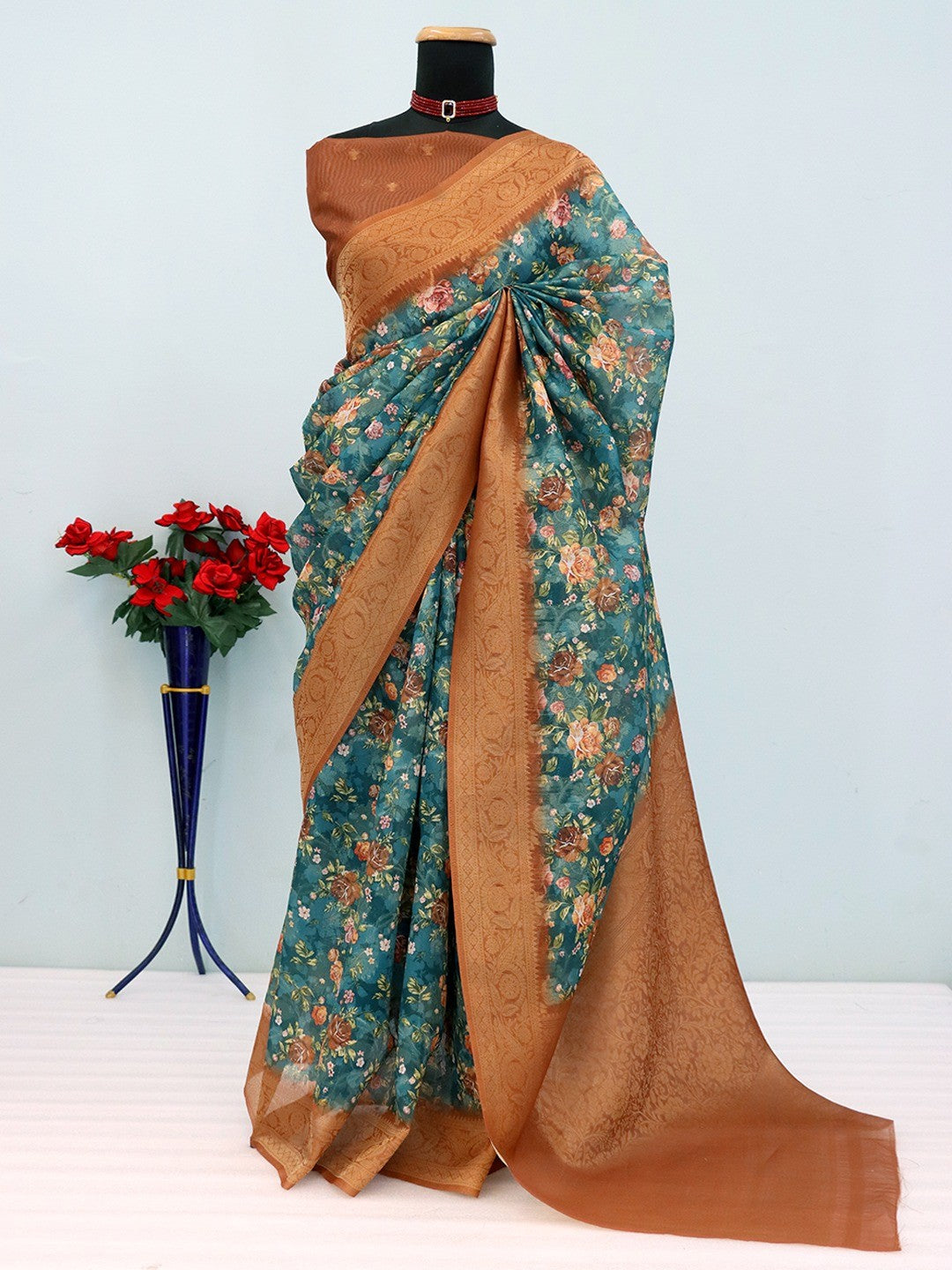Graceful Teal Floral Digital Printed Burbury Silk Blend Saree With Jacquard Weaving Border - Image 4
