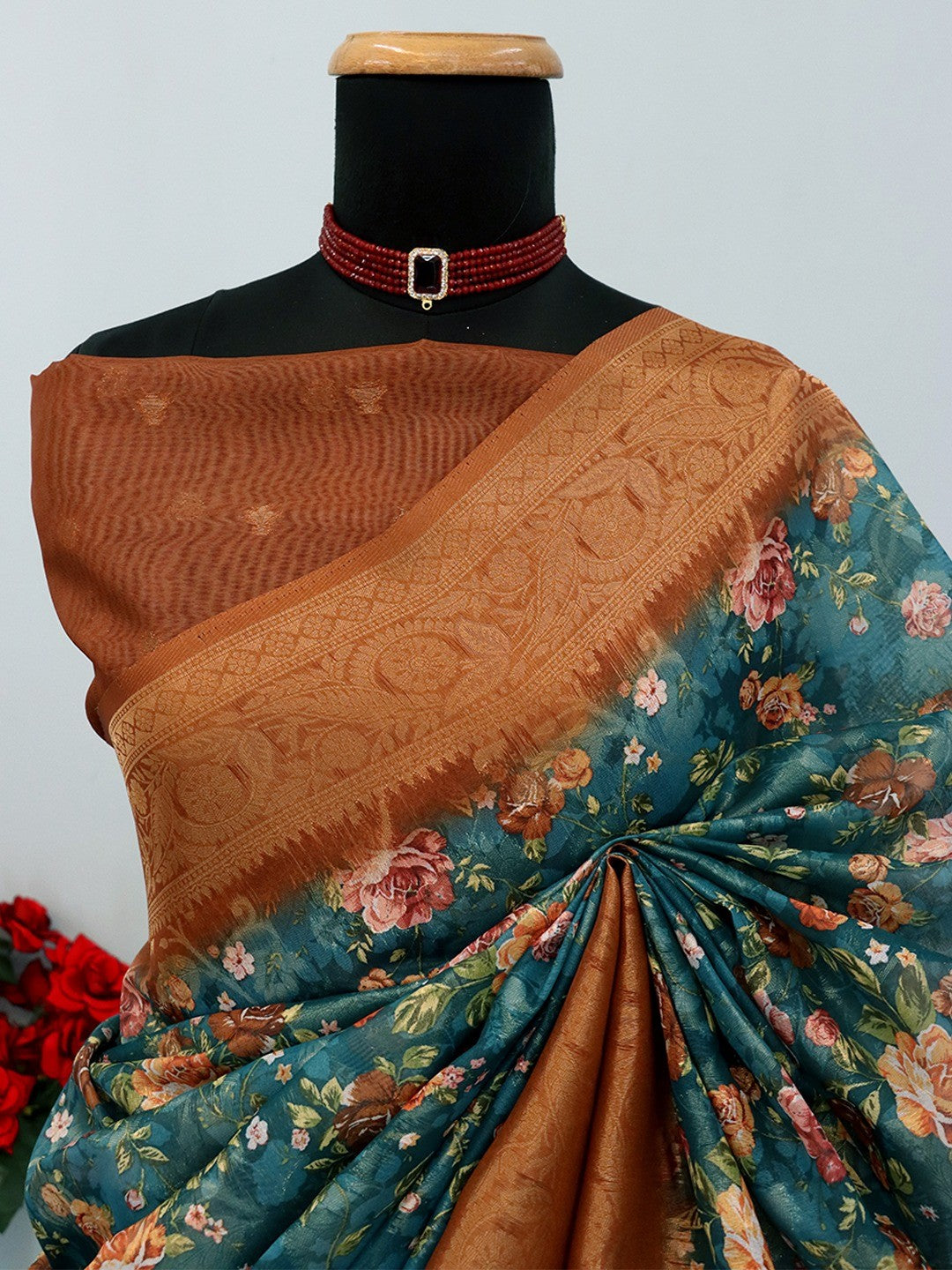 Graceful Teal Floral Digital Printed Burbury Silk Blend Saree With Jacquard Weaving Border - Image 3