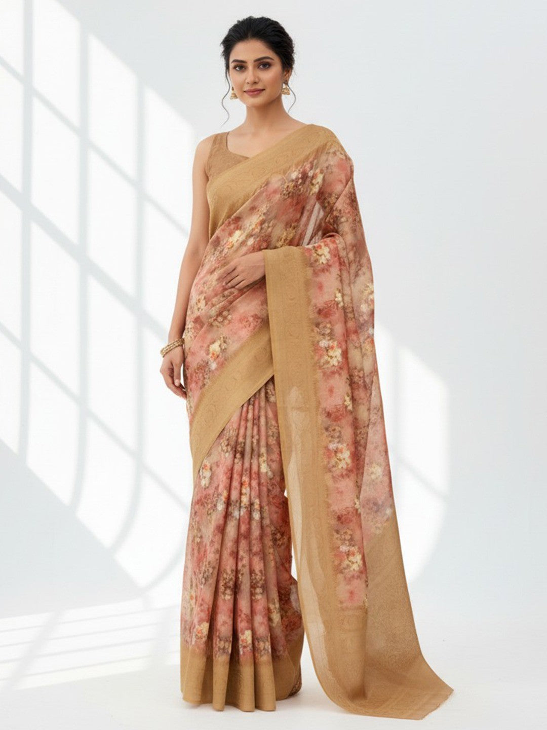 Graceful Peach Floral Digital Printed Burbury Silk Blend Saree With Jacquard Weaving Border - Image 1