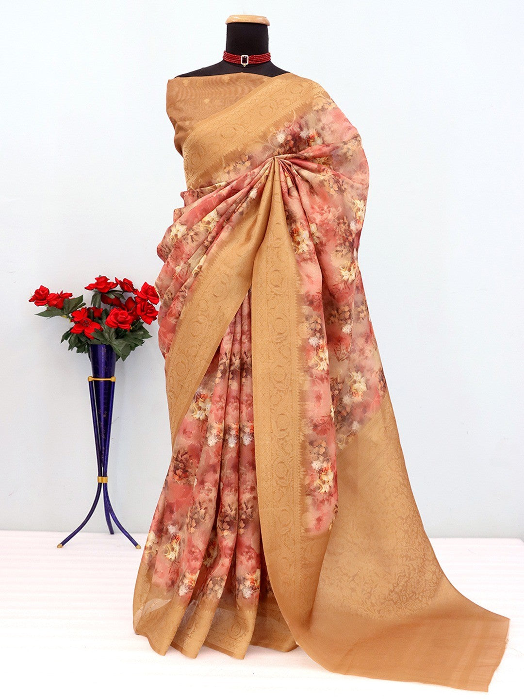 Graceful Peach Floral Digital Printed Burbury Silk Blend Saree With Jacquard Weaving Border - Image 4