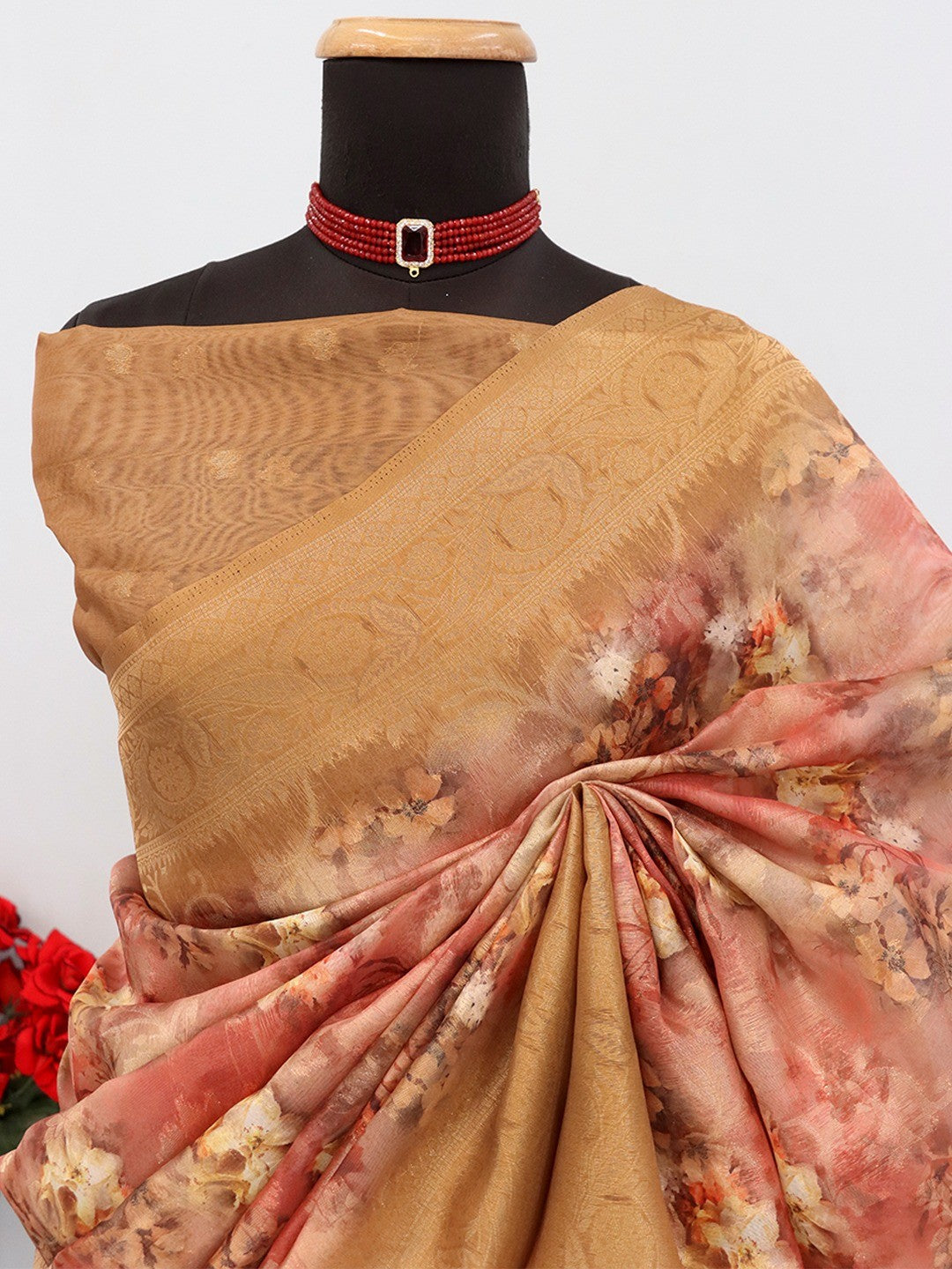 Graceful Peach Floral Digital Printed Burbury Silk Blend Saree With Jacquard Weaving Border - Image 3