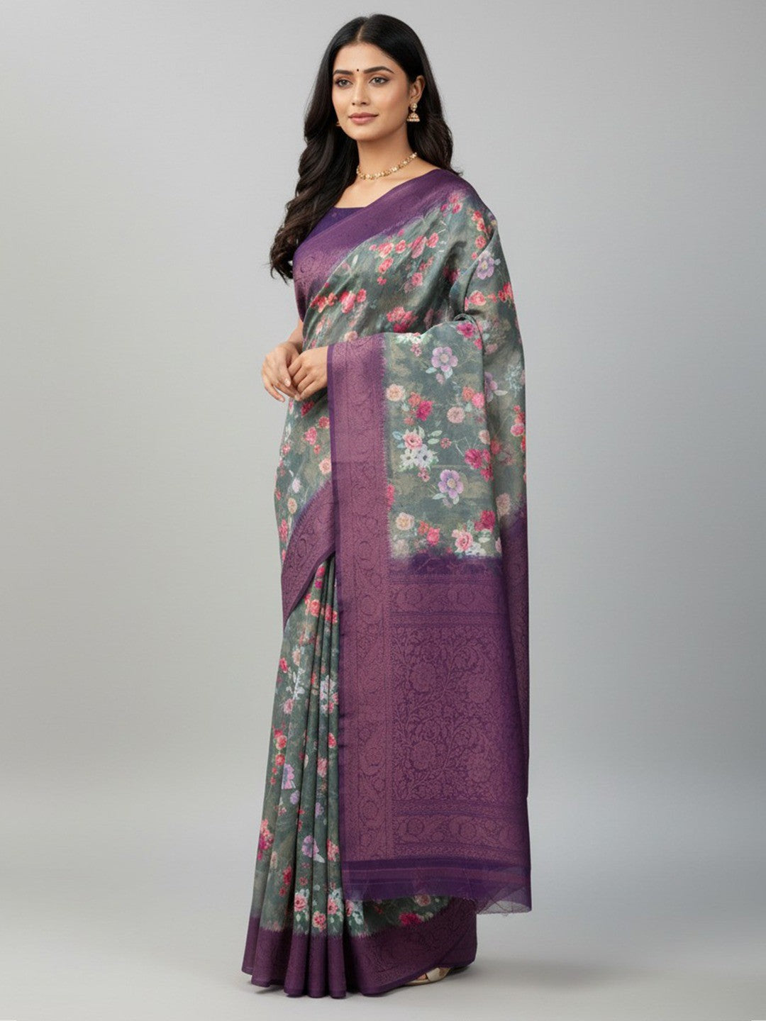 Graceful Dusty Teal Floral Digital Printed Burbury Silk Blend Saree With Jacquard Weaving Border - Image 1