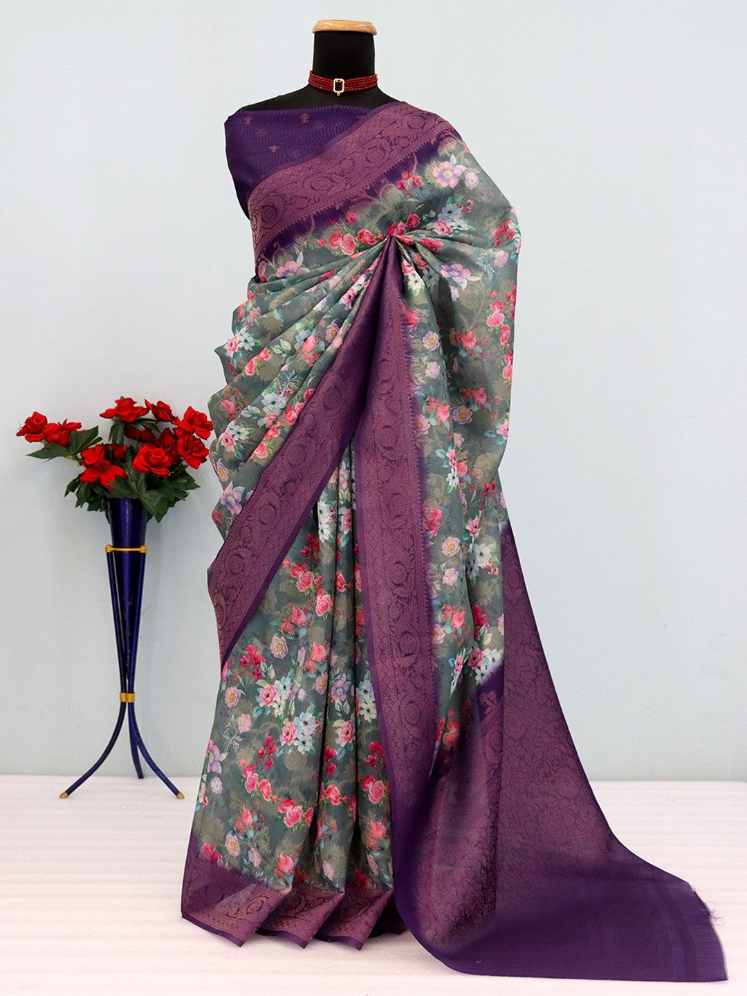 Graceful Dusty Teal Floral Digital Printed Burbury Silk Blend Saree With Jacquard Weaving Border - Image 4