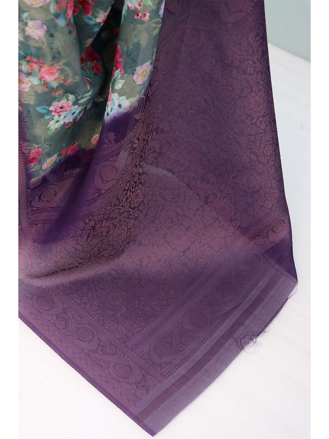 Graceful Dusty Teal Floral Digital Printed Burbury Silk Blend Saree With Jacquard Weaving Border - Image 2