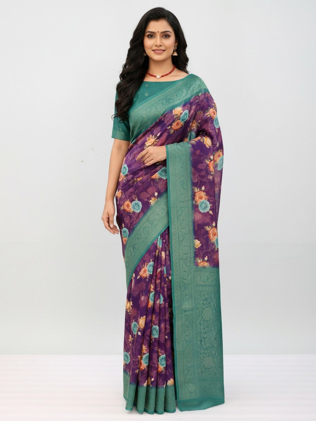 Graceful Purple & Rama Floral Digital Printed Burbury Silk Blend Saree