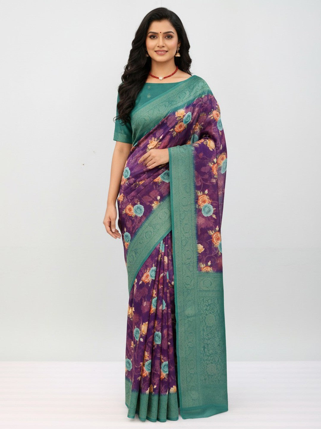 Graceful Purple & Rama Floral Digital Printed Burbury Silk Blend Saree With Jacquard Weaving Border - Image 1