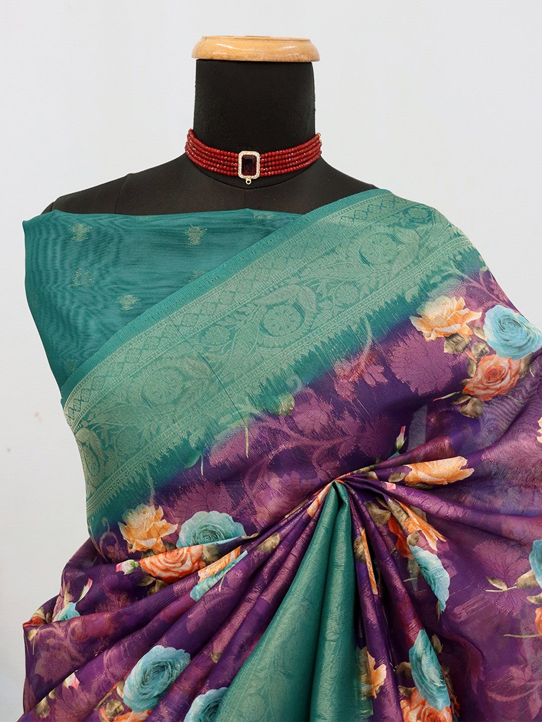 Graceful Purple & Rama Floral Digital Printed Burbury Silk Blend Saree With Jacquard Weaving Border - Image 3