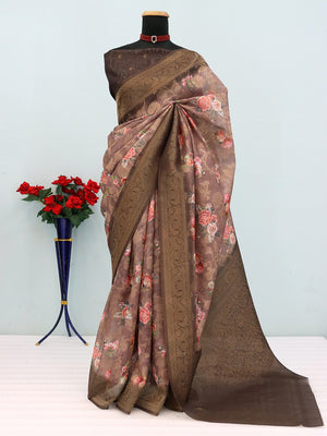 Classic Brown Floral Digital Print Burbury Silk Blend Saree With Jacquard Woven Border & Pallu - Image 2