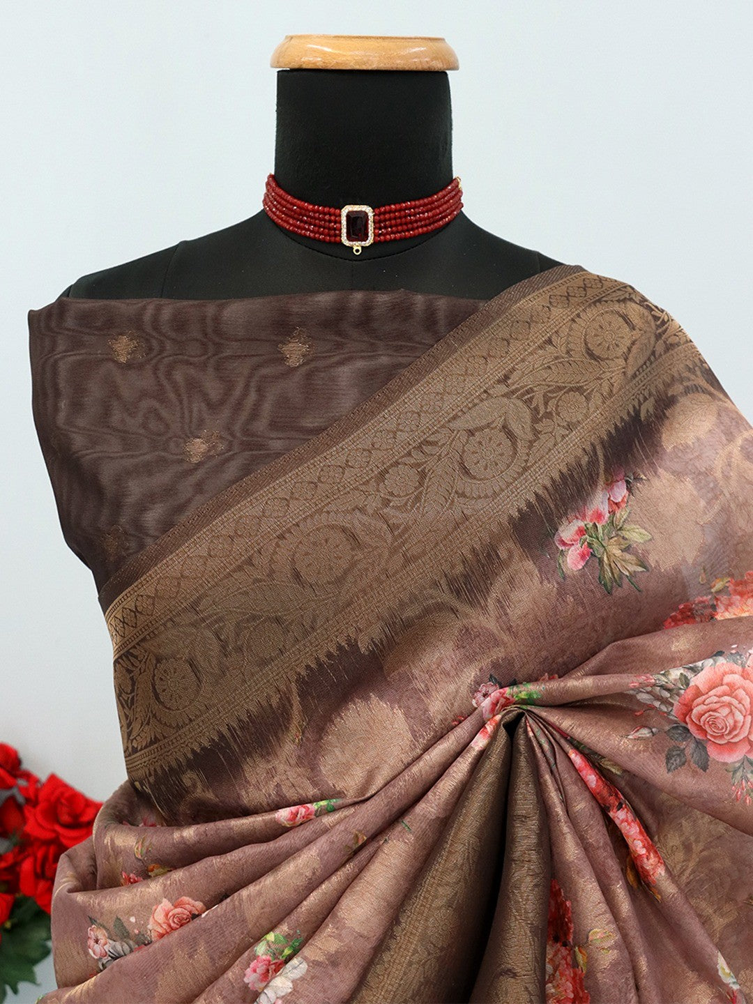 Classic Brown Floral Digital Print Burbury Silk Blend Saree With Jacquard Woven Border & Pallu - Image 3