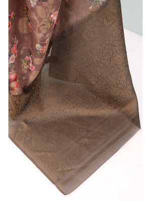 Classic Brown Floral Digital Print Burbury Silk Blend Saree With Jacquard Woven Border & Pallu - Image 2