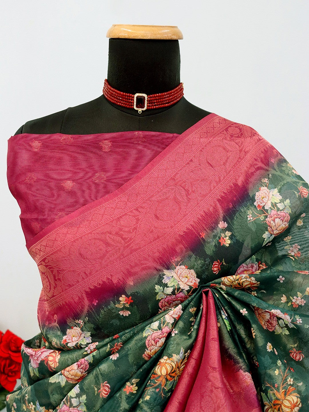 Classic Green & Pink Floral Digital Print Burbury Silk Blend Saree With Jacquard Woven Border & Pallu - Image 3