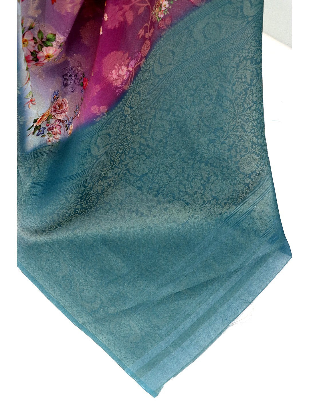 Classic Purple & Blue Floral Digital Print Burbury Silk Blend Saree With Jacquard Woven Border - Image 2