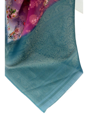 Classic Purple & Blue Floral Digital Print Burbury Silk Blend Saree With Jacquard Woven Border - Image 2