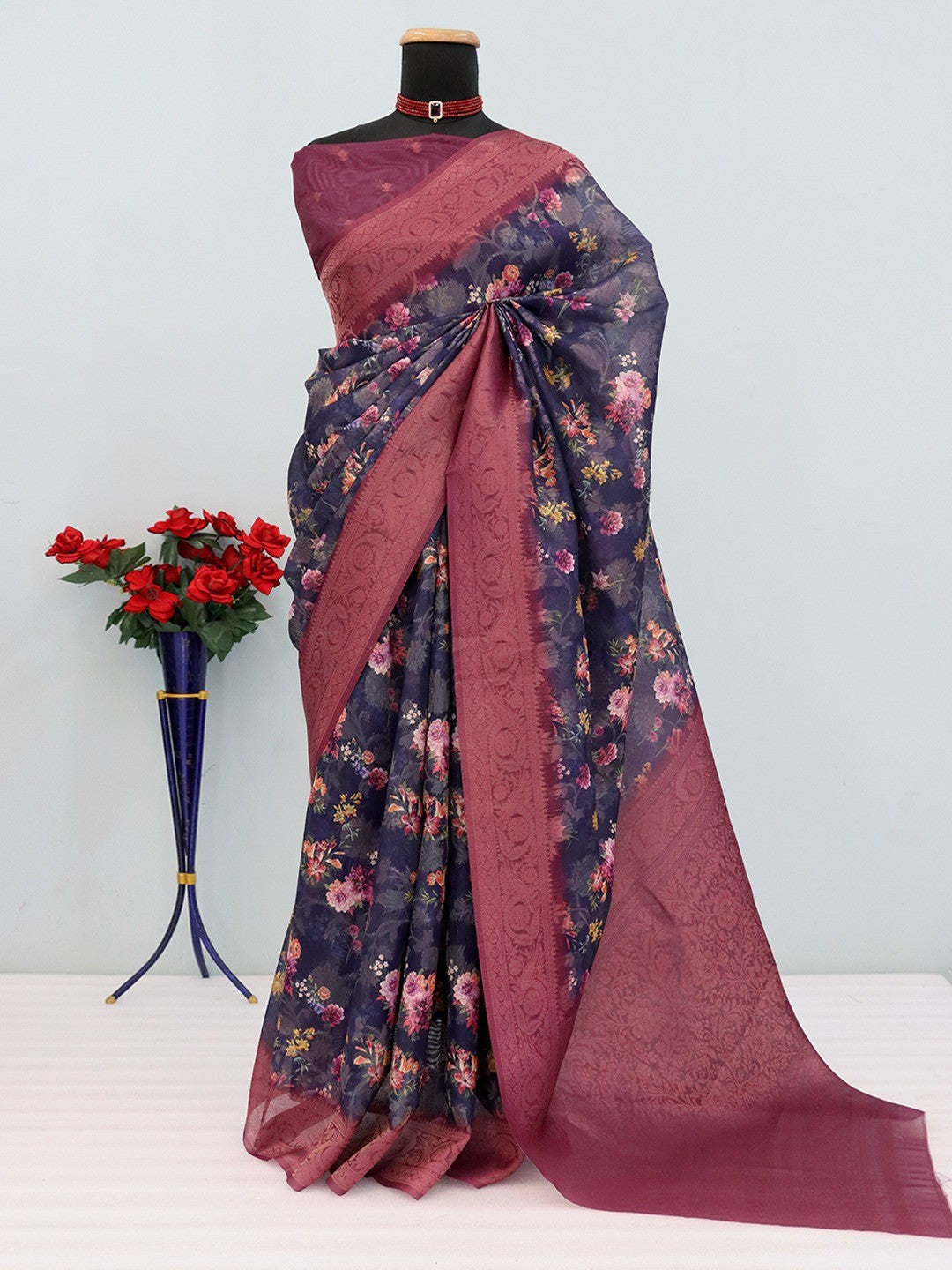 Classic Navy Blue & Wine Floral Digital Print Burbury Silk Blend Saree With Jacquard Woven Border - Image 4