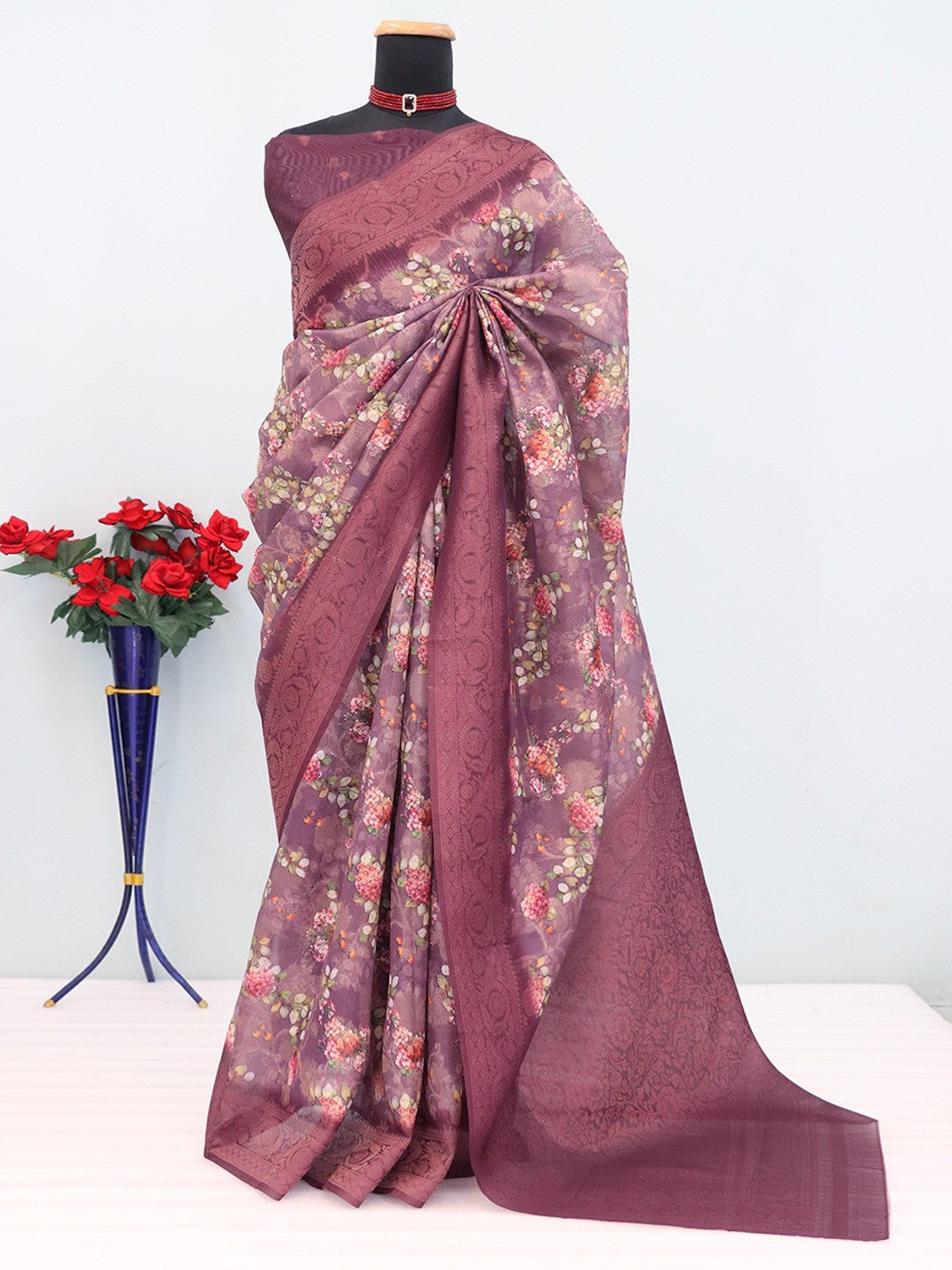 Classic Wine Floral Digital Print Burbury Silk Blend Saree With Jacquard Woven Border - Image 4