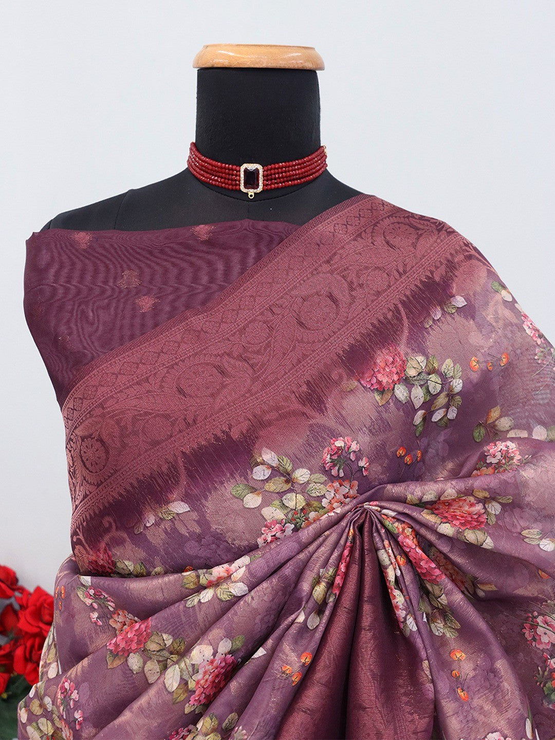 Classic Wine Floral Digital Print Burbury Silk Blend Saree With Jacquard Woven Border - Image 3