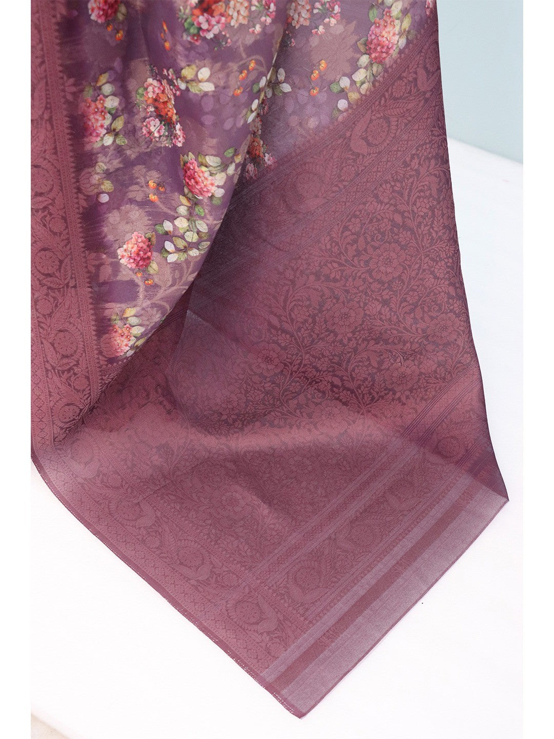 Classic Wine Floral Digital Print Burbury Silk Blend Saree With Jacquard Woven Border - Image 2