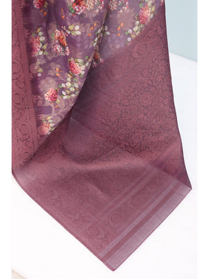 Classic Wine Floral Digital Print Burbury Silk Blend Saree With Jacquard Woven Border - Image 2