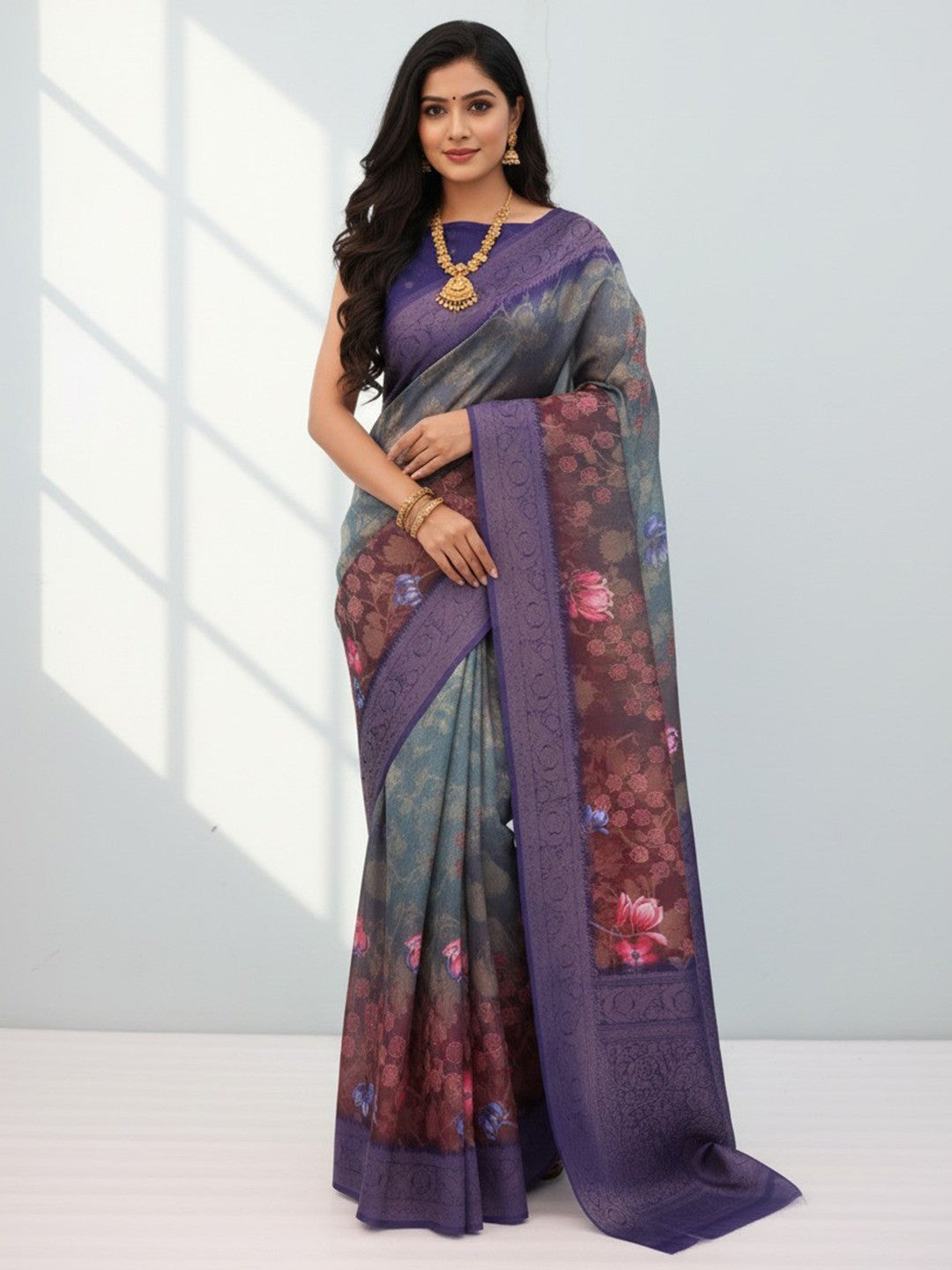 Classic Multicolor Floral Digital Print Burbury Silk Blend Saree With Jacquard Woven Border & Pallu - Image 1