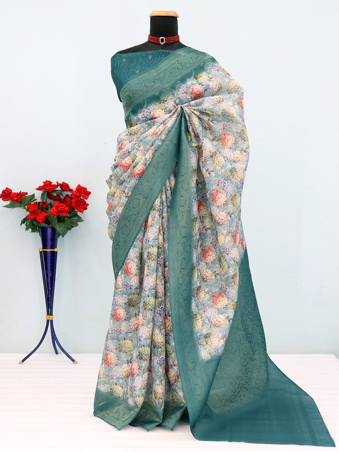 Classic Sky Blue Floral Digital Print Burbury Silk Blend Saree With Jacquard Woven Border & Pallu - Image 4
